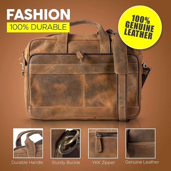 Women Tan Brown Leather18 Inch Laptop Messenger Bags with Zipper - Picture 5 of 8